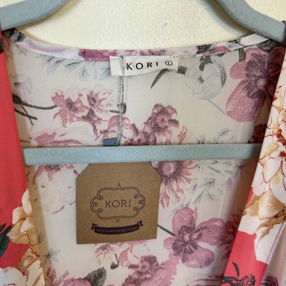 Kori Womens Pink Floral Kimono Maxi Open Front Dress Cover Up Top NWT Large - Picture 3 of 11
